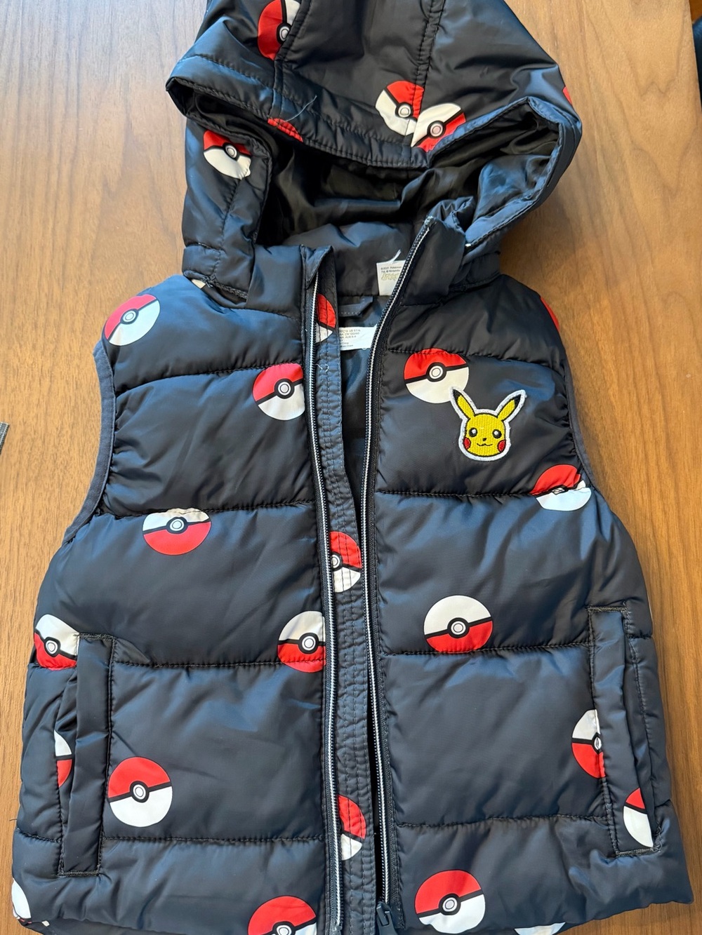 H&M Black Puffer Vest with Red & White Poké Ball and Pikachu Patch